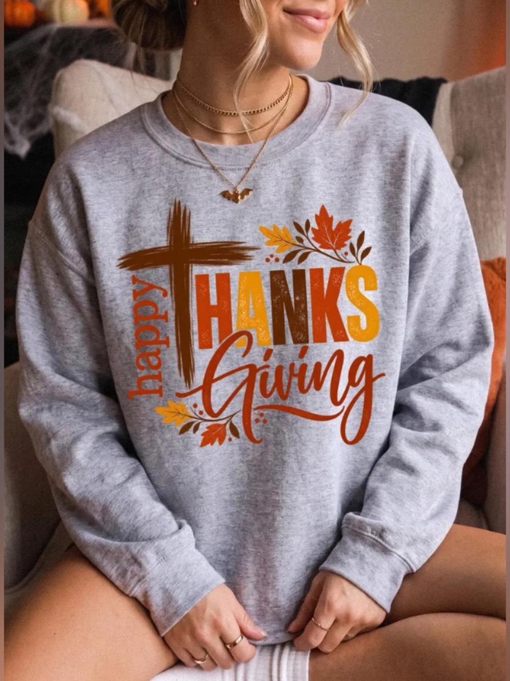 Happy Thanksgiving Sweatshirt, Christian Thanksgiving Faith Cross Crewneck